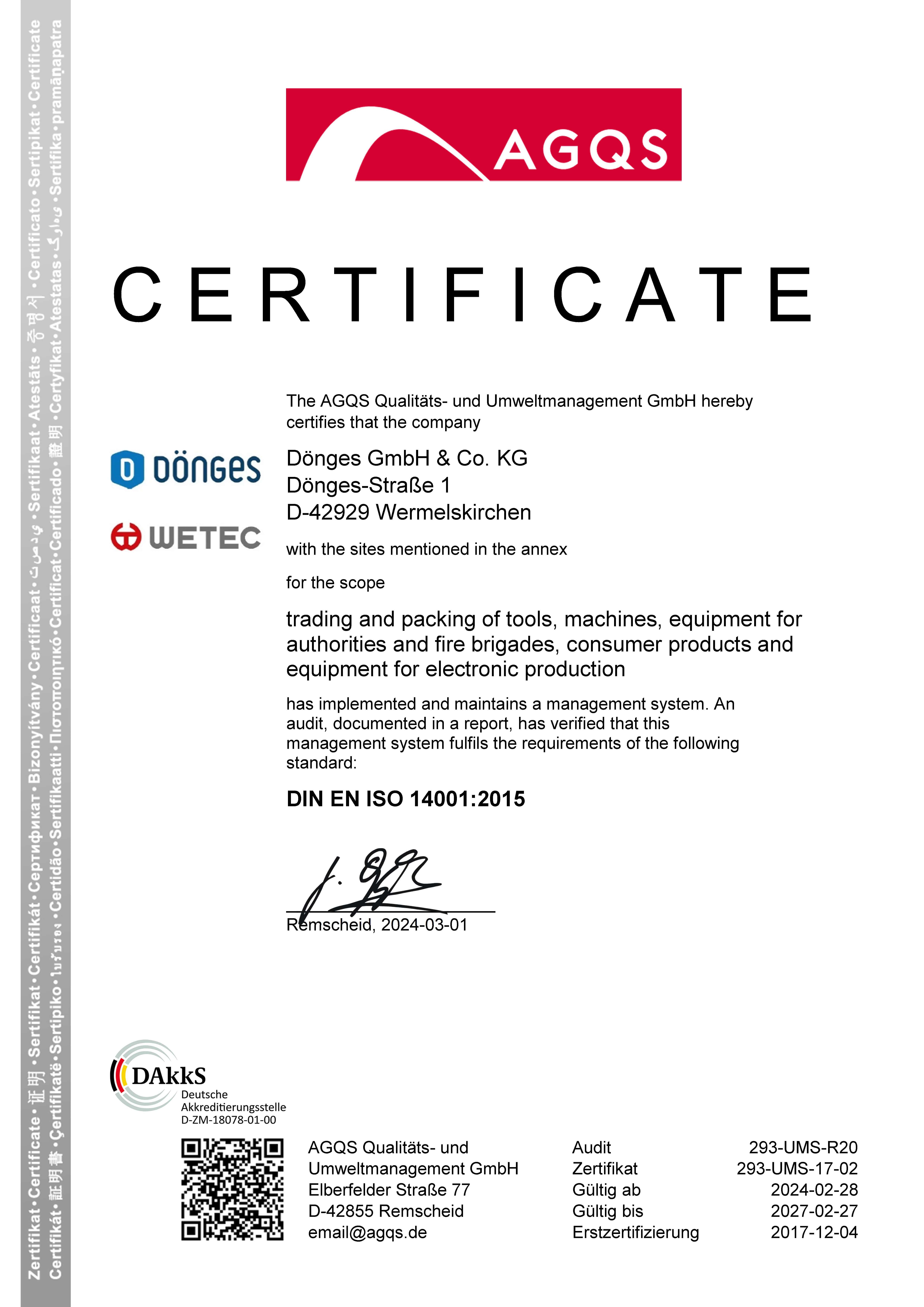 Zertifikat DIN EN ISO 14001:2015 | English